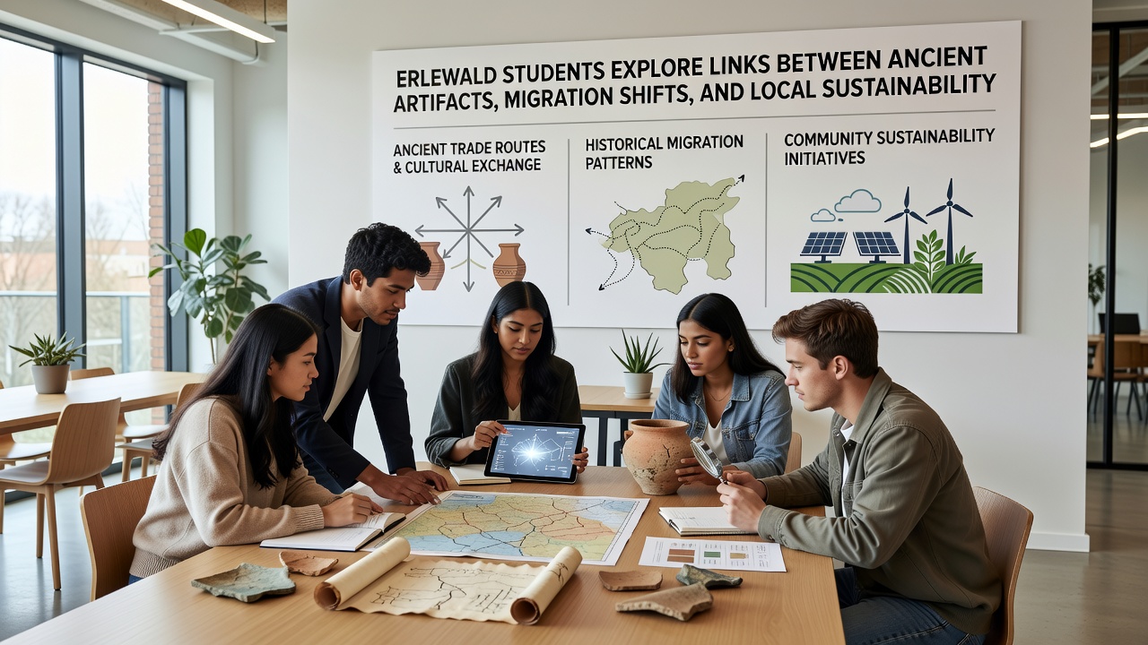 Students reviewing migration maps and sustainability reports in a classroom setting